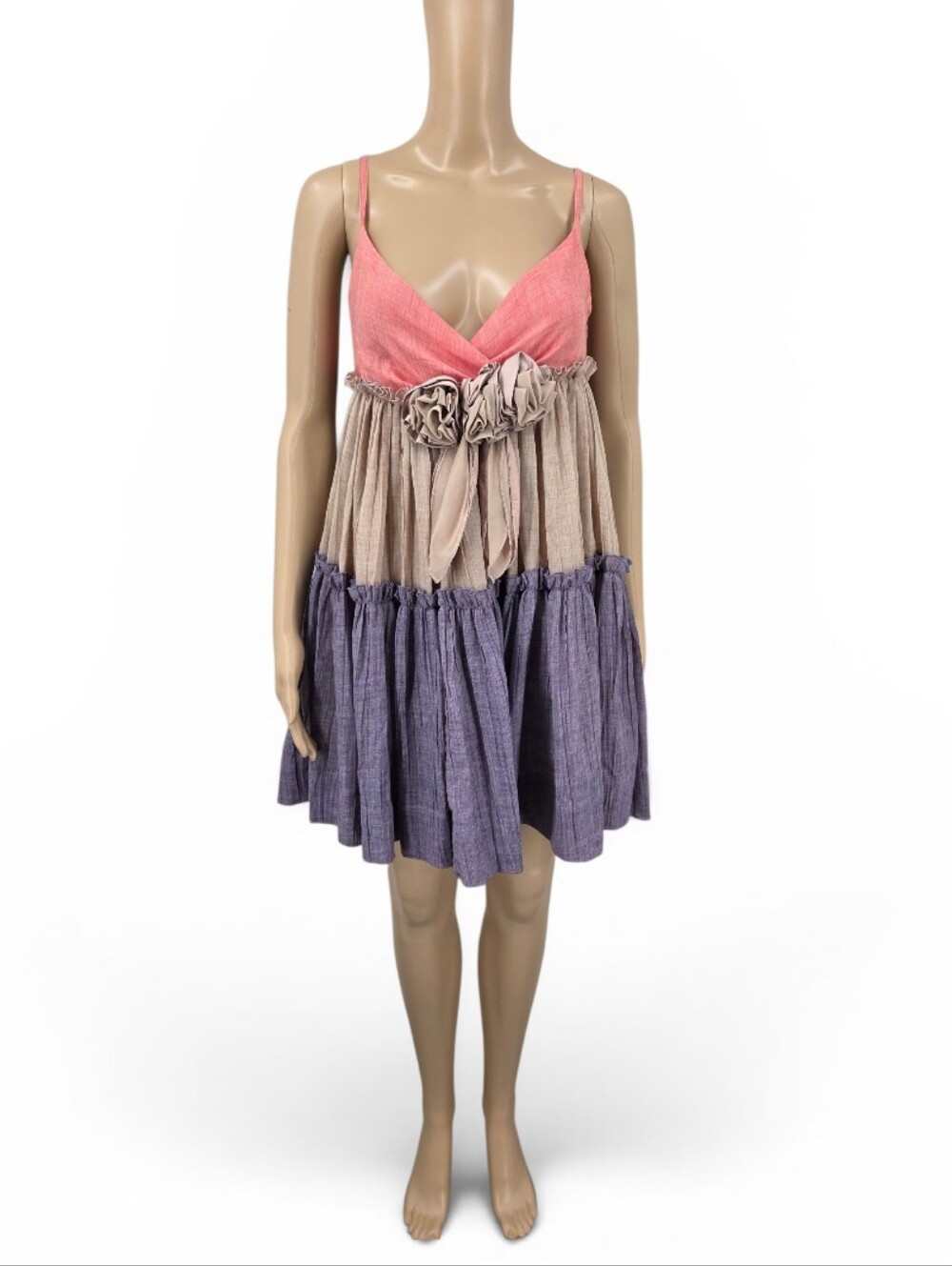 Dejavu Cotton Tricolor Tiered Ruffle Babydoll Dress - Coral, Beige & Lavender